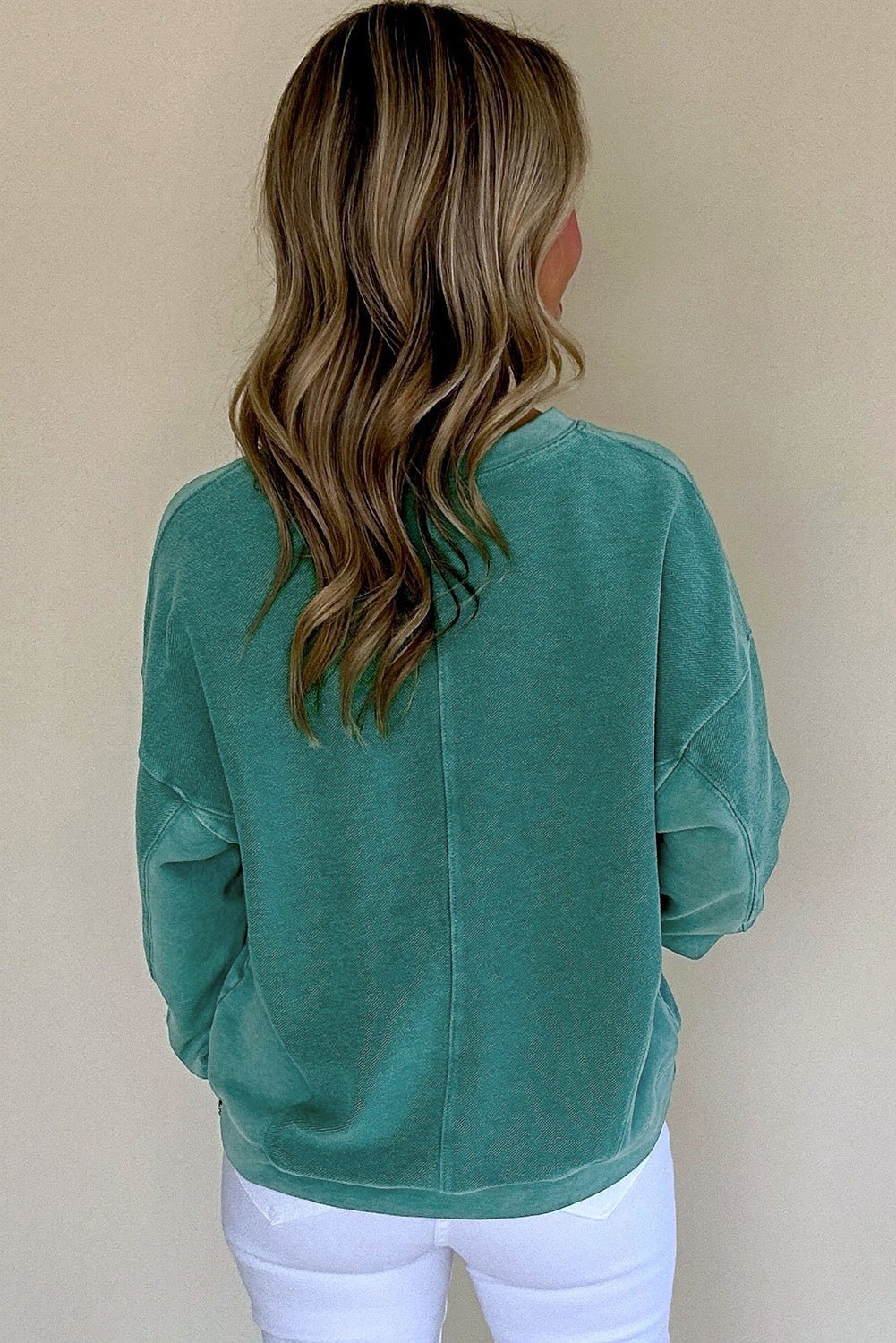 Skobeloff Solid Color Notched Neck Drop Shoulder Sweatshirt - Goddess Vibes