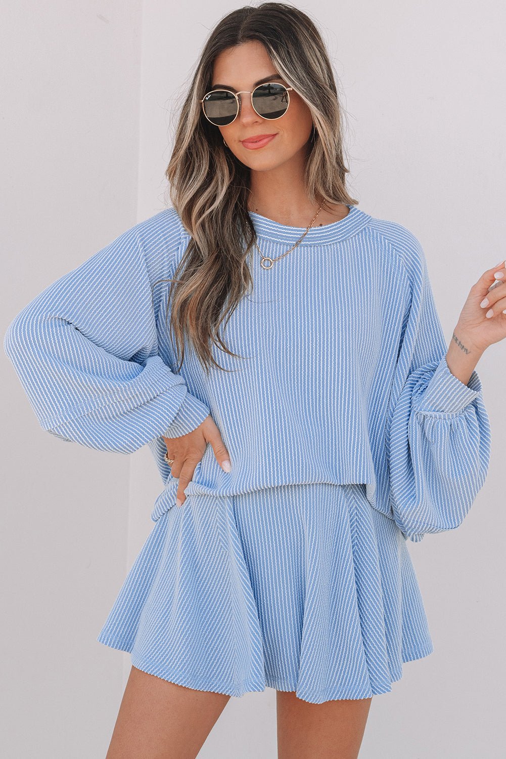 Sky Blue Corded Lantern Sleeve Top High Waist Ruffled Mini Skirt Set - Goddess Vibes