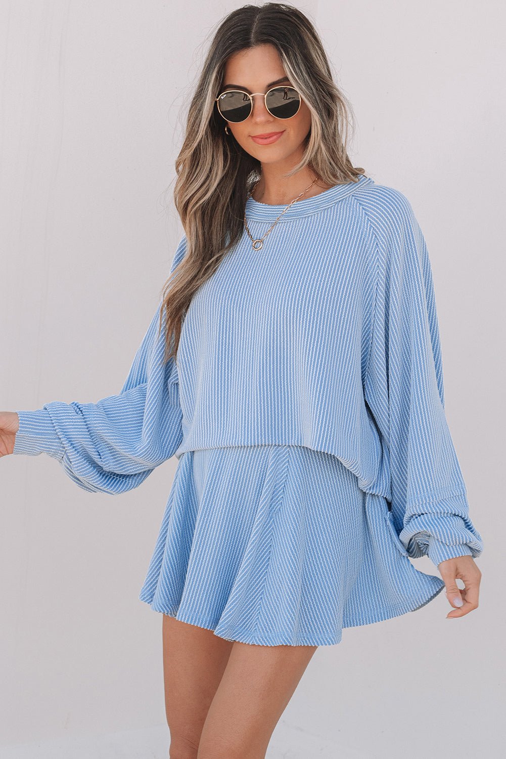 Sky Blue Corded Lantern Sleeve Top High Waist Ruffled Mini Skirt Set - Goddess Vibes