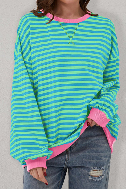 Sky Blue Stripe Oversized Contrast Trim Pullover Sweatshirt - Goddess Vibes
