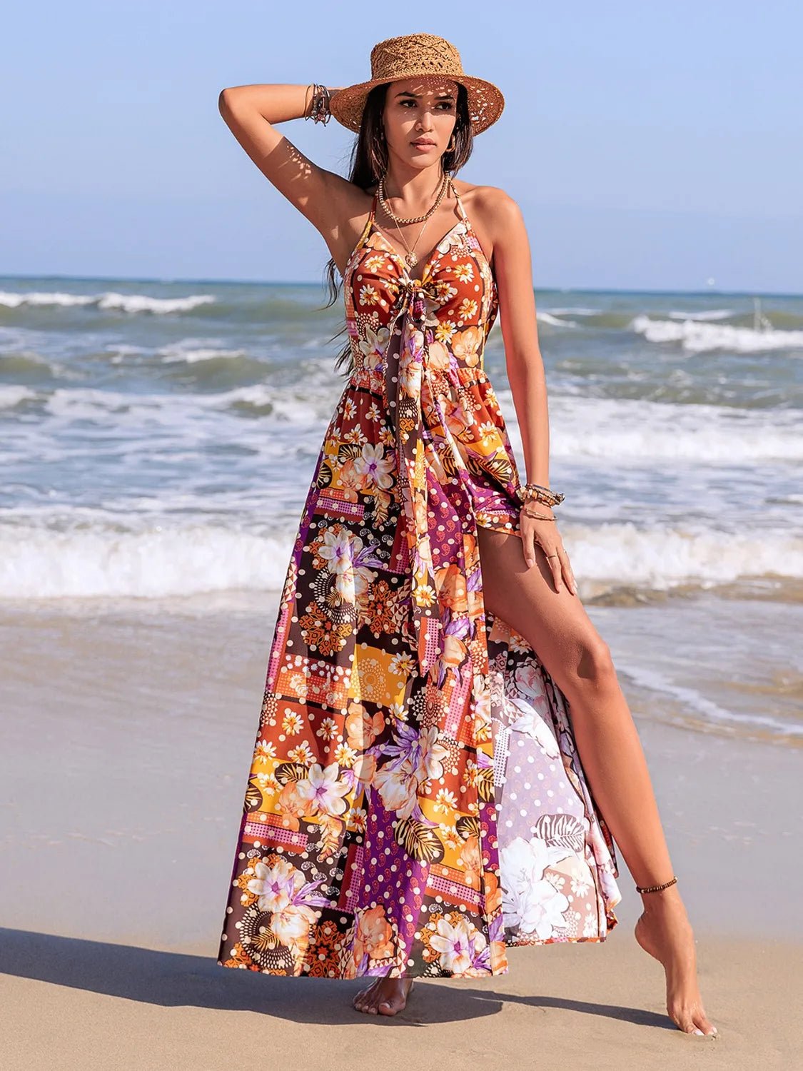 Slit Printed Halter Neck Cami Dress - Goddess Vibes