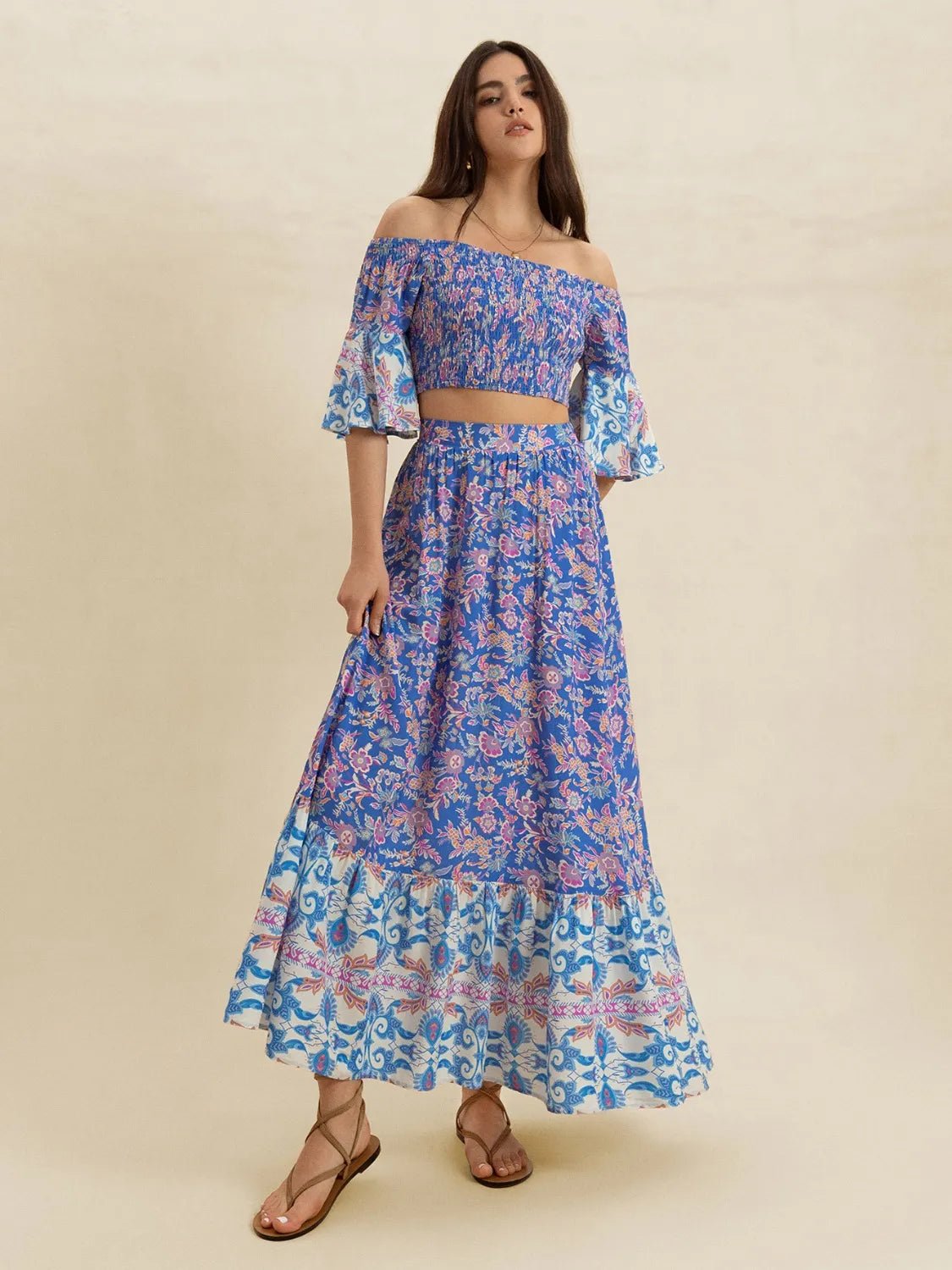 Smocked Off - Shoulder Printed Top and Skirt Set - Goddess Vibes