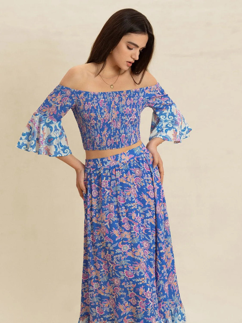 Smocked Off - Shoulder Printed Top and Skirt Set - Goddess Vibes