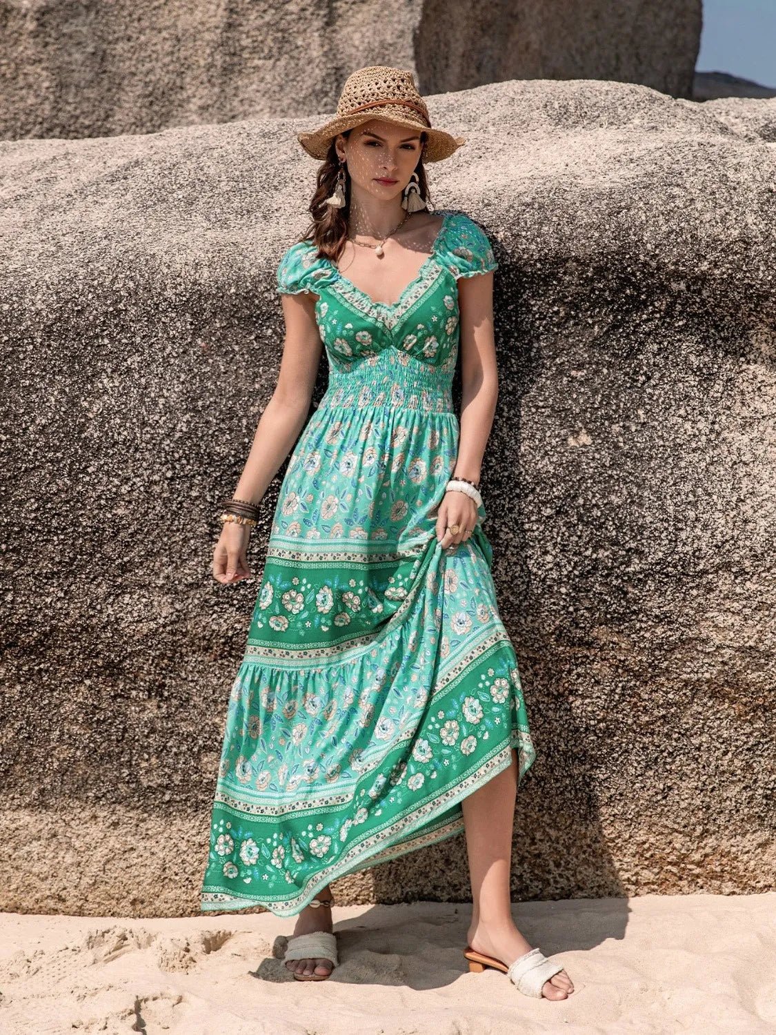 Smocked Printed V - Neck Dress - Goddess Vibes