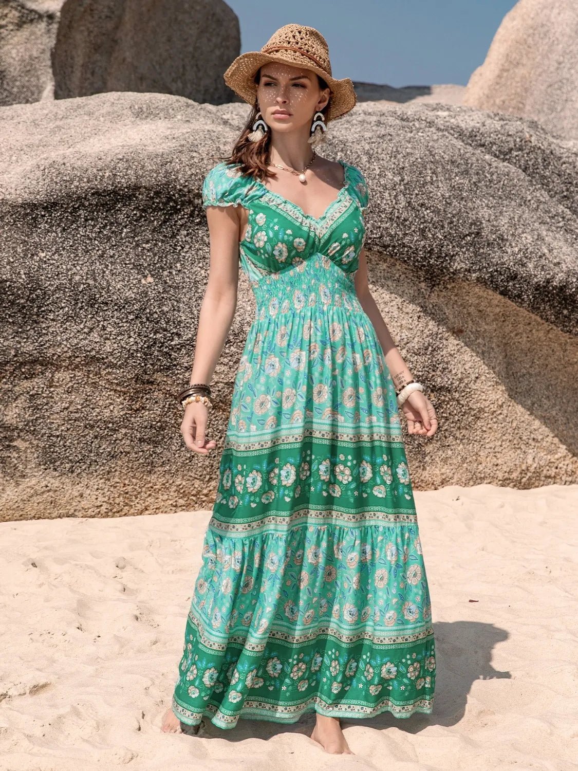 Smocked Printed V - Neck Dress - Goddess Vibes
