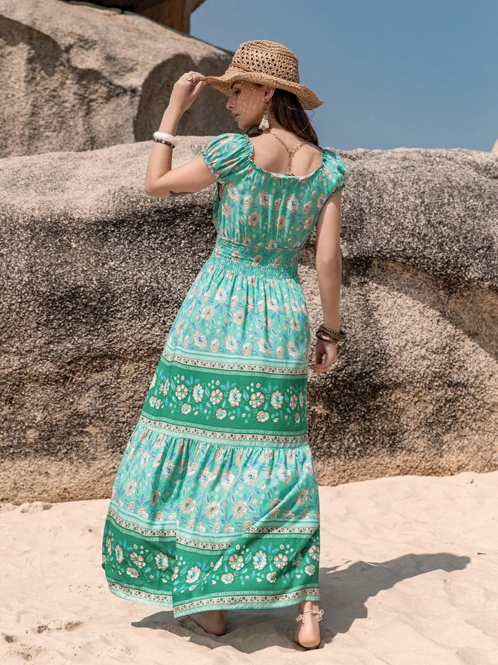 Smocked Printed V - Neck Dress - Goddess Vibes
