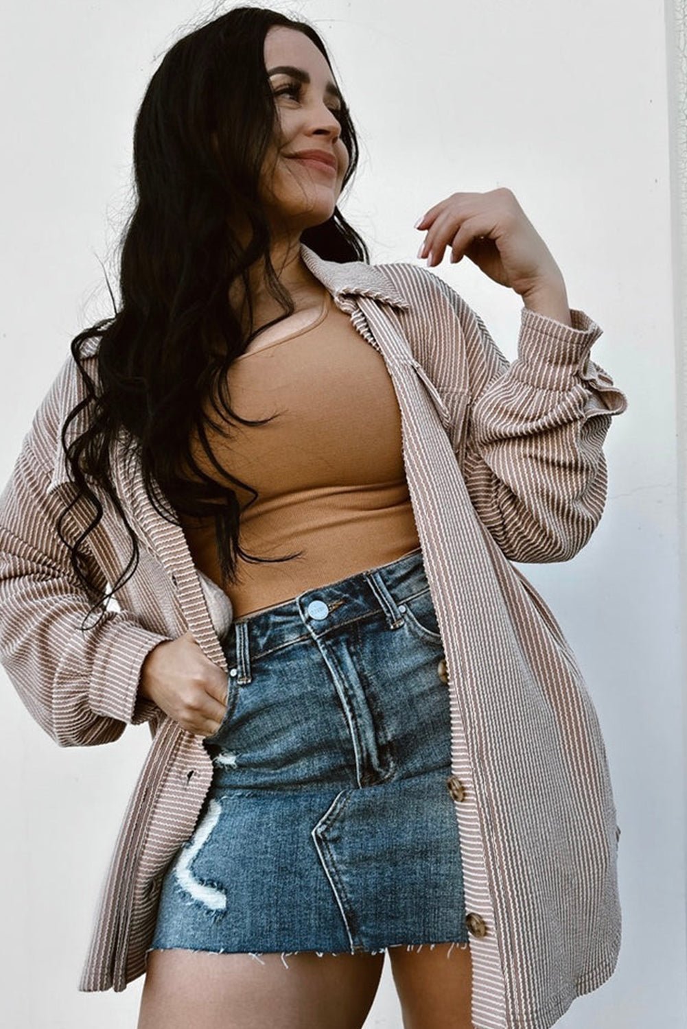 Smoke Gray Solid Corded Drop Shoulder Plus Size Shacket - Goddess Vibes