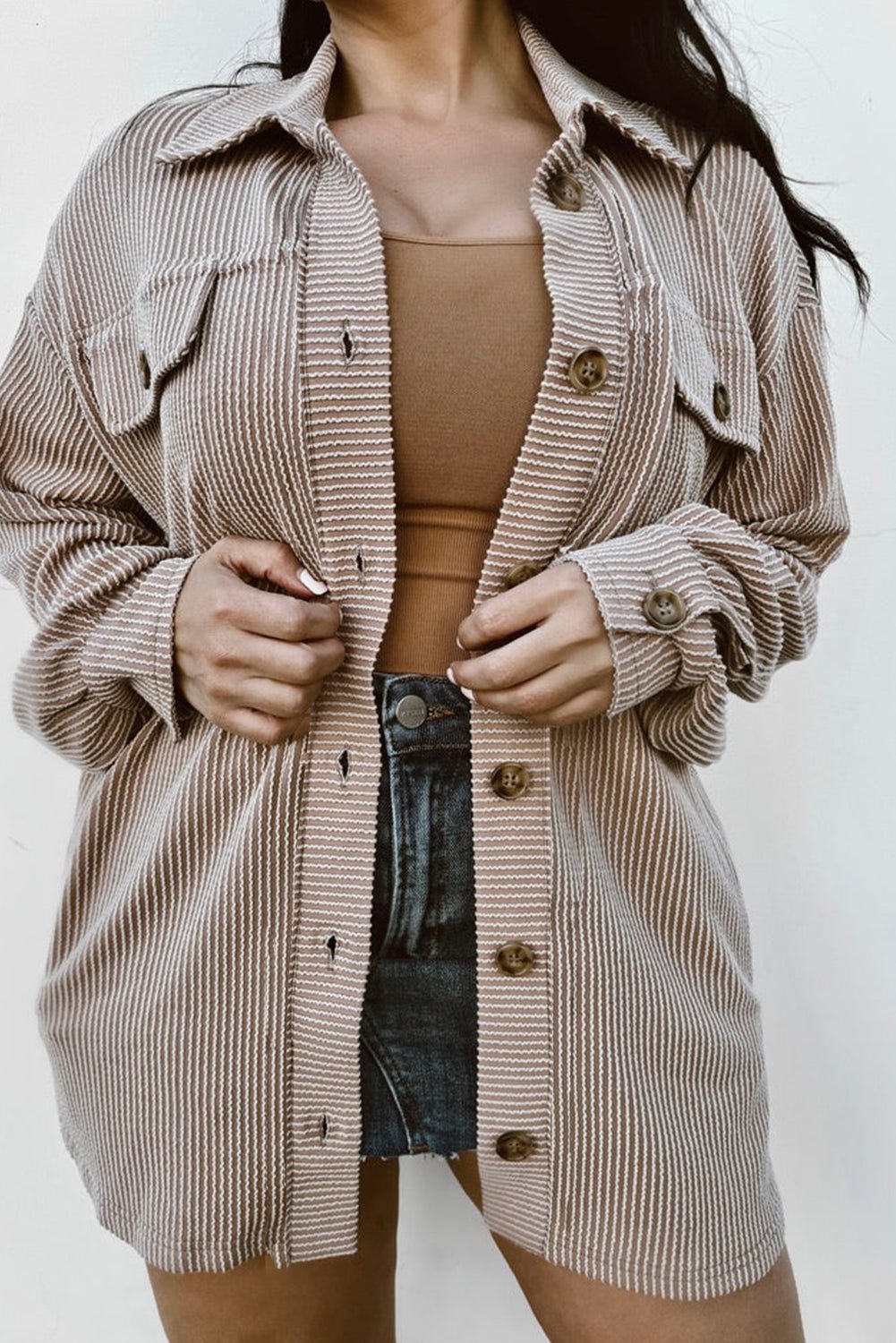 Smoke Gray Solid Corded Drop Shoulder Plus Size Shacket - Goddess Vibes