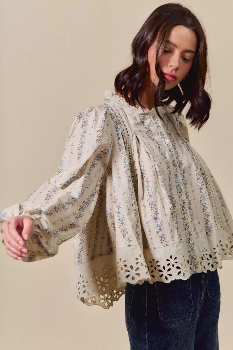 SO ME Floral Print Lace Button Down Shirt - Goddess Vibes