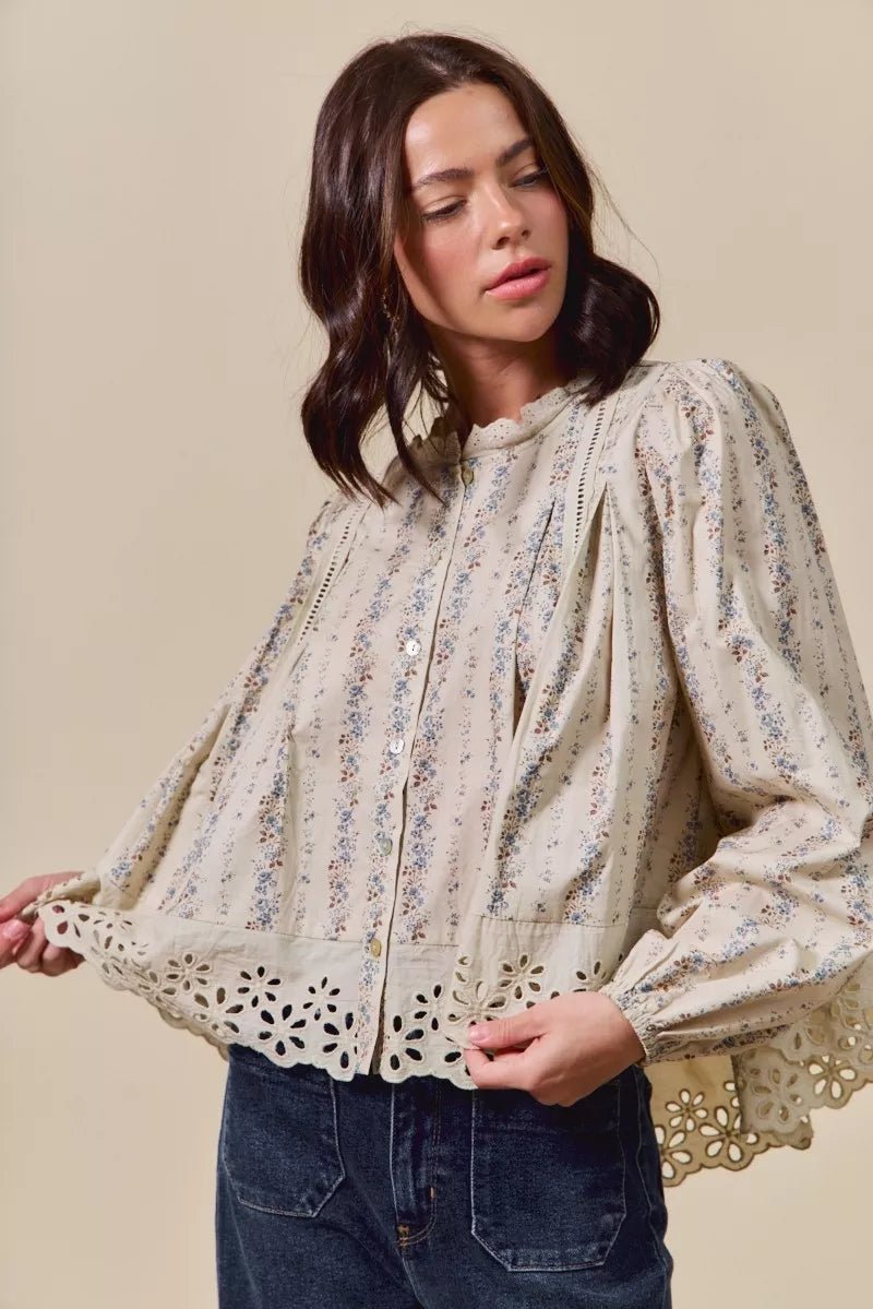 SO ME Floral Print Lace Button Down Shirt - Goddess Vibes