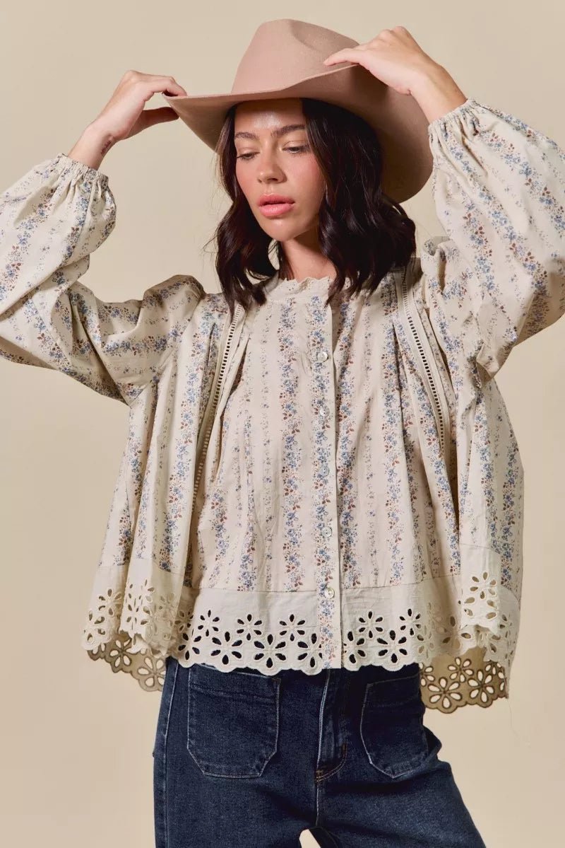 SO ME Floral Print Lace Button Down Shirt - Goddess Vibes