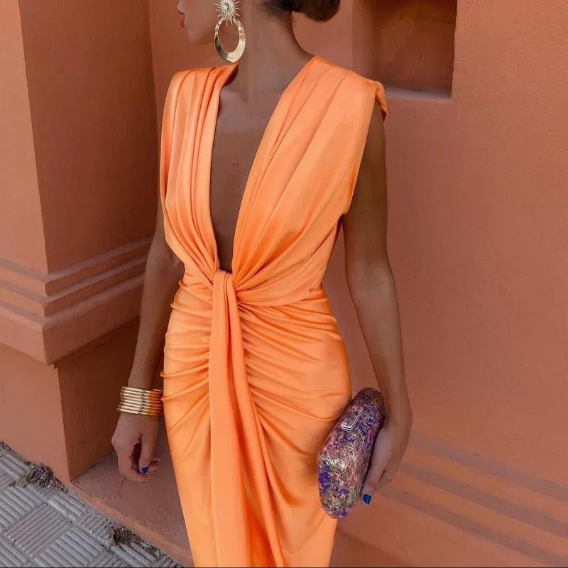 Solid Color Lace High Waist V - neck Dress - Goddess Vibes