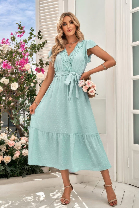 Solid Deep V Dot Lace Belt Long Dress - Goddess Vibes