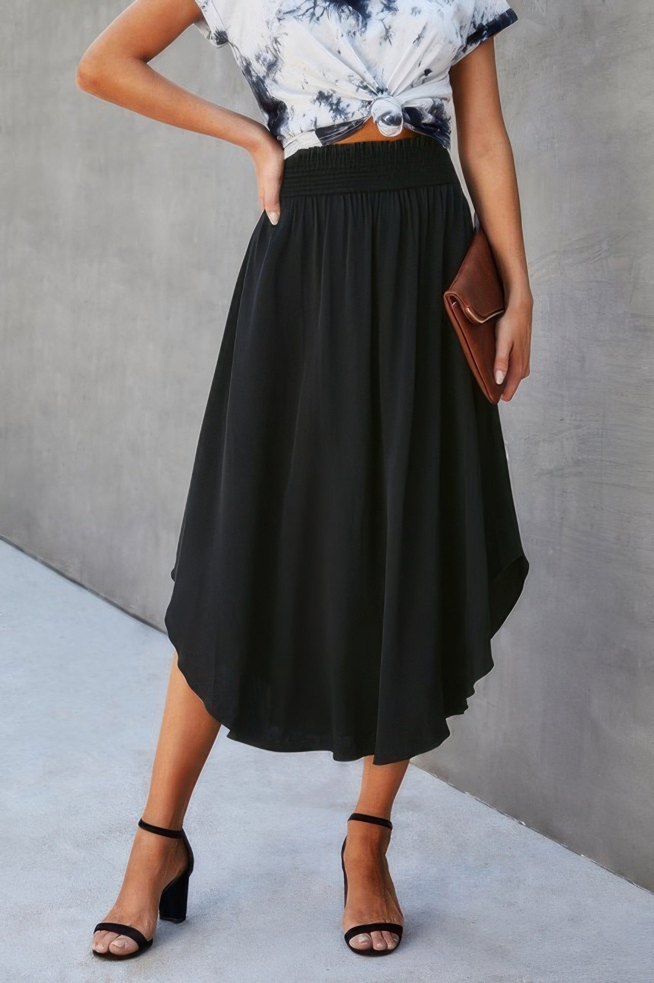 Solid Shirred Waist Asymmetrical Hem Flared Skirt - Goddess Vibes
