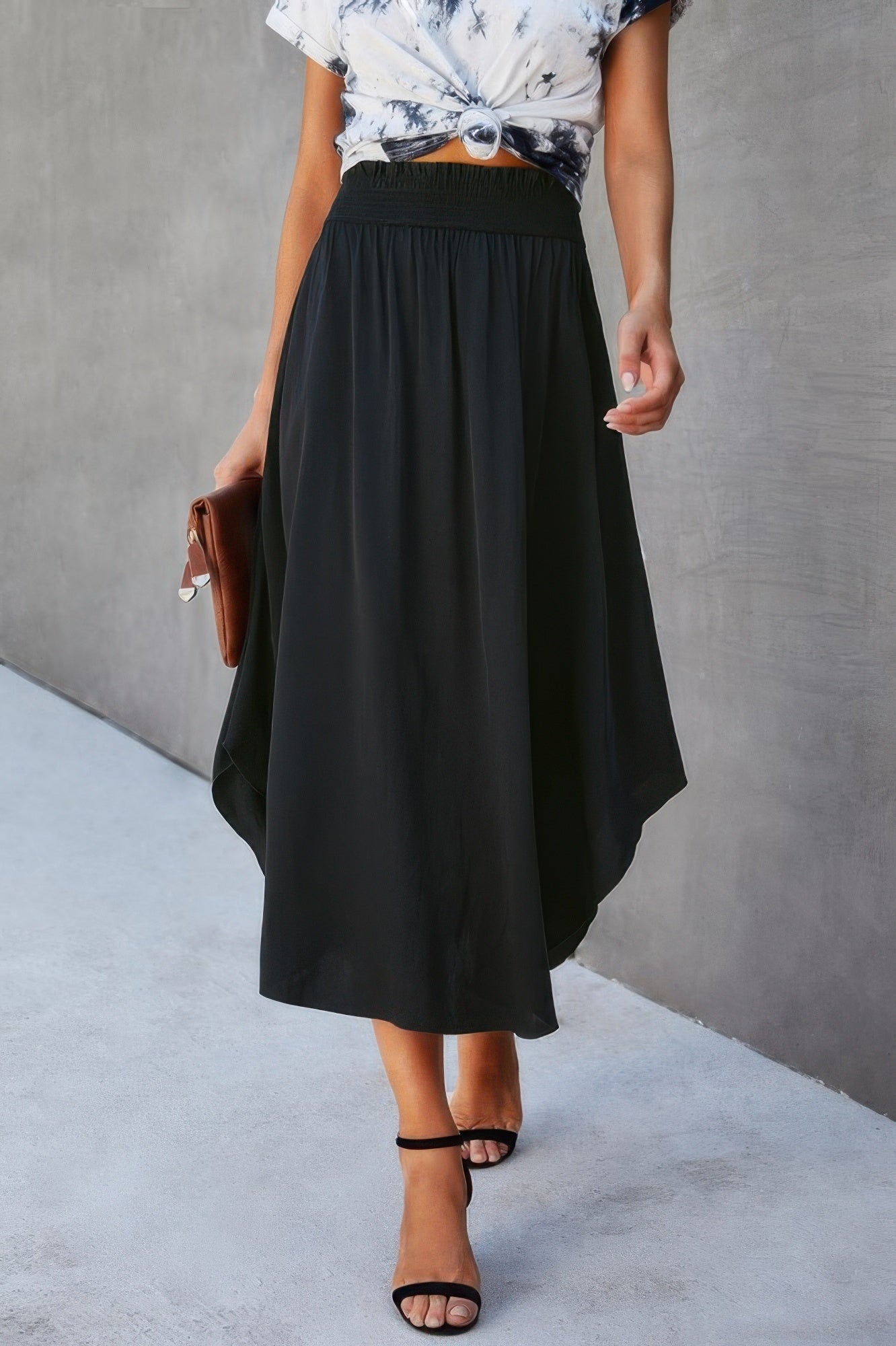 Solid Shirred Waist Asymmetrical Hem Flared Skirt - Goddess Vibes