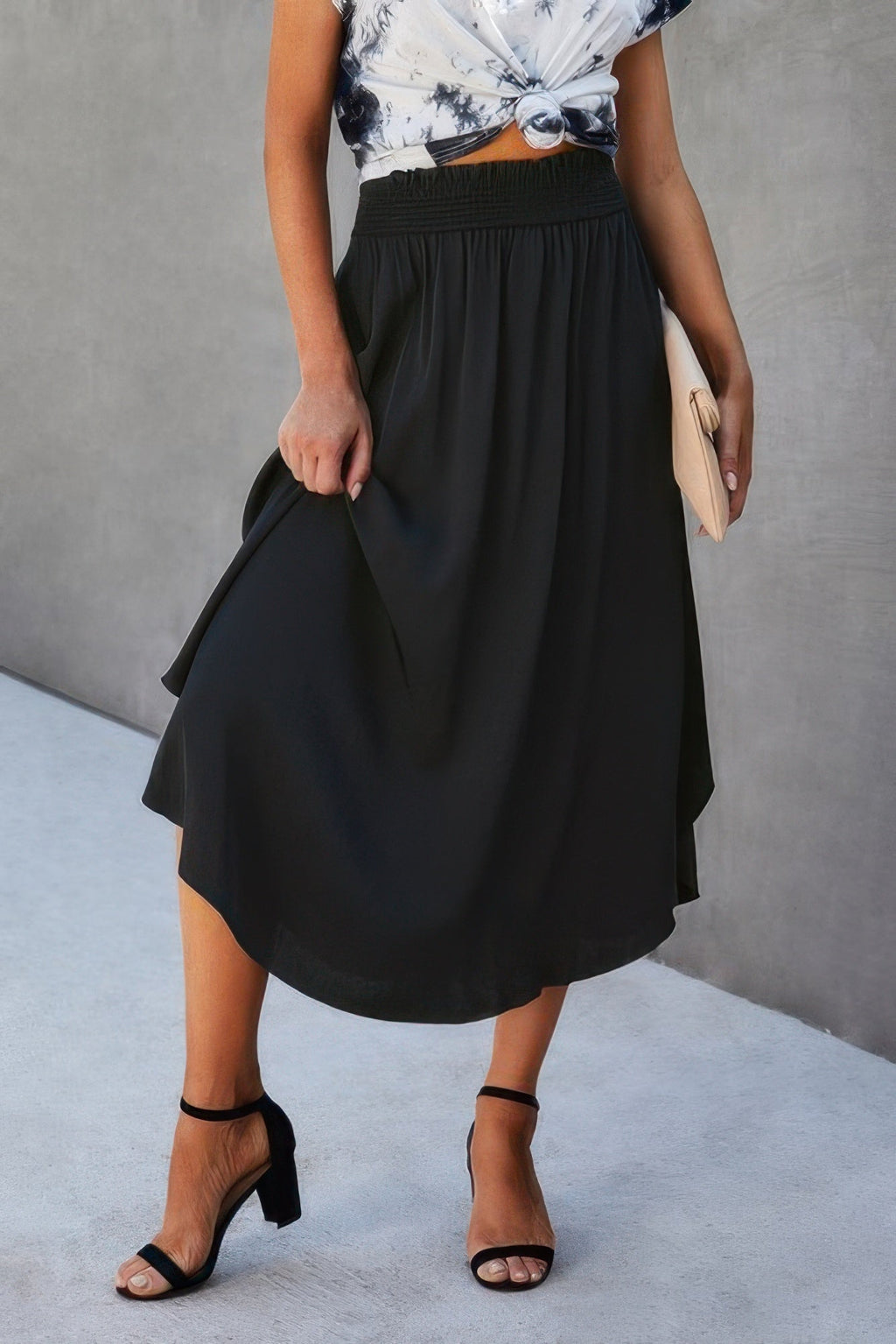 Solid Shirred Waist Asymmetrical Hem Flared Skirt - Goddess Vibes