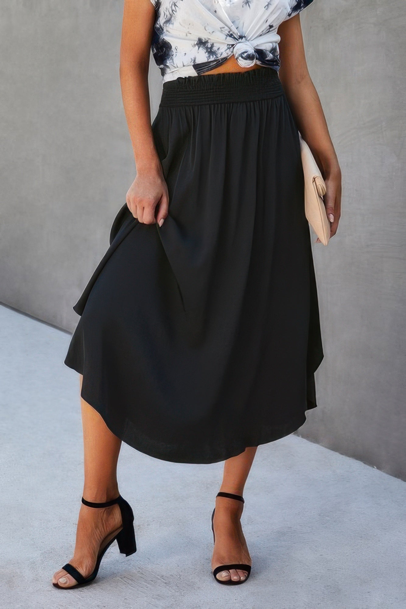 Solid Shirred Waist Asymmetrical Hem Flared Skirt - Goddess Vibes