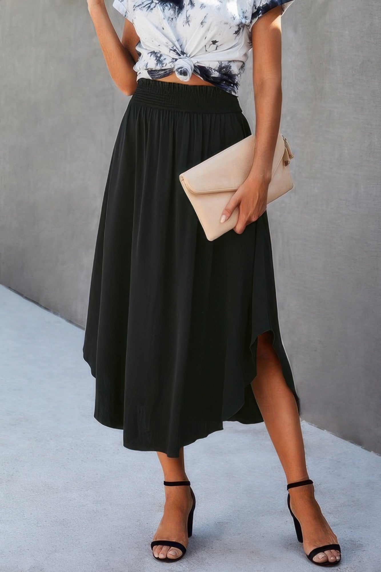 Solid Shirred Waist Asymmetrical Hem Flared Skirt - Goddess Vibes