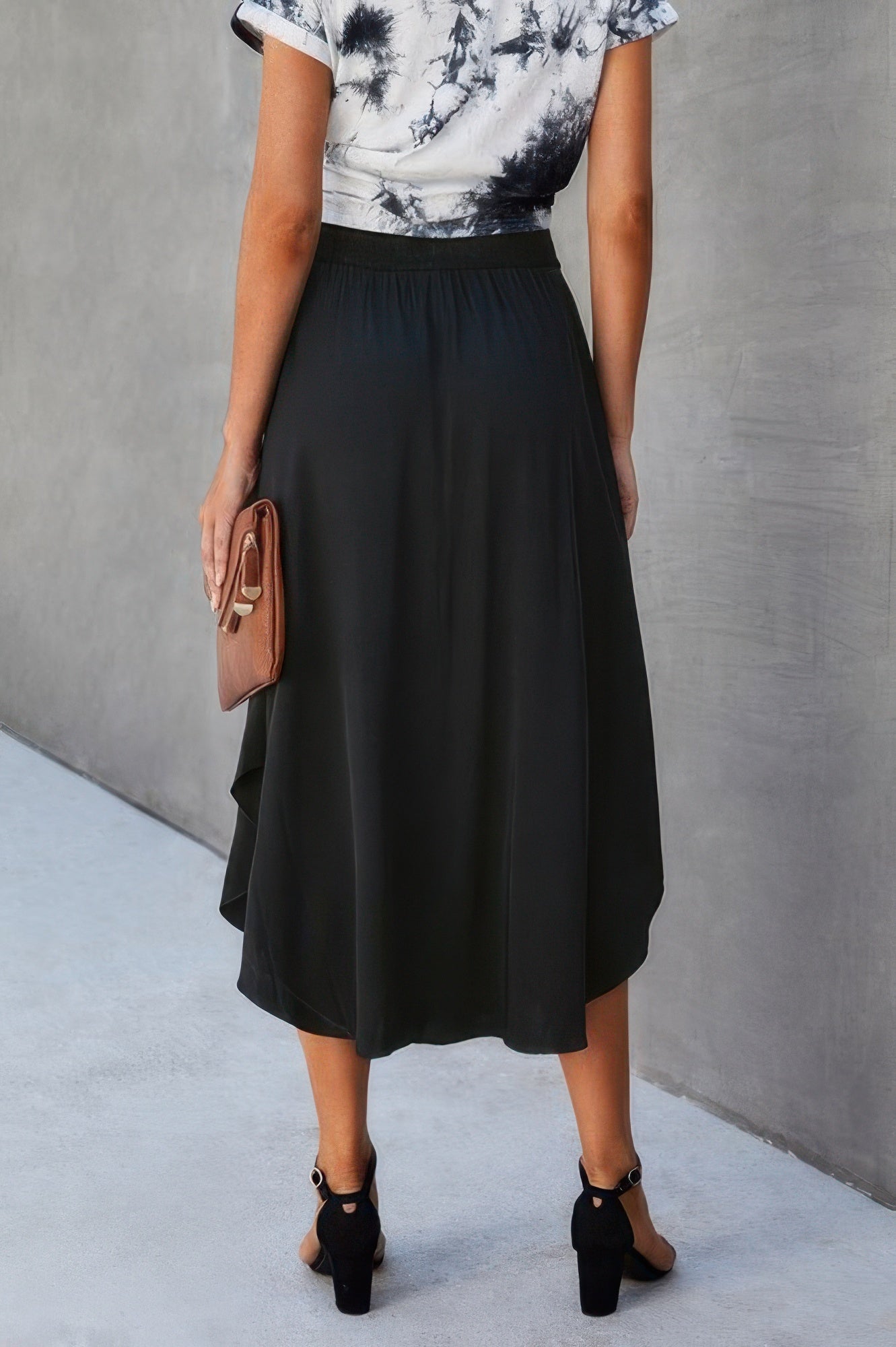 Solid Shirred Waist Asymmetrical Hem Flared Skirt - Goddess Vibes