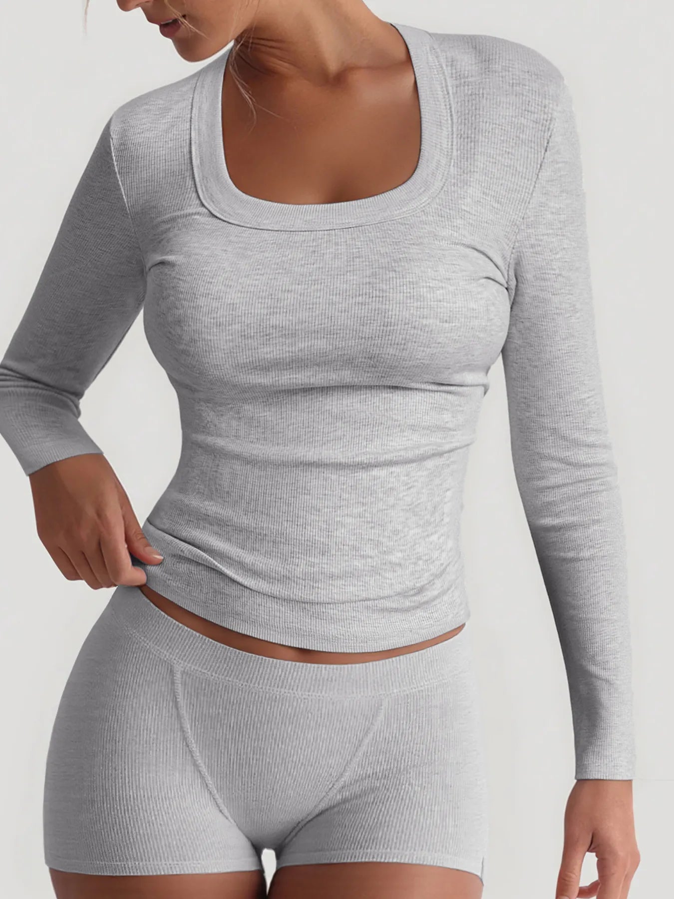 Square Neck Long Sleeve Top and Shorts Set - Goddess Vibes