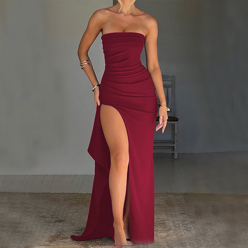 Strapless Split Long Dress Summer Fashion Pleated Bridesmaid Dress For Womens Party Wedding Clothing - Goddess Vibes