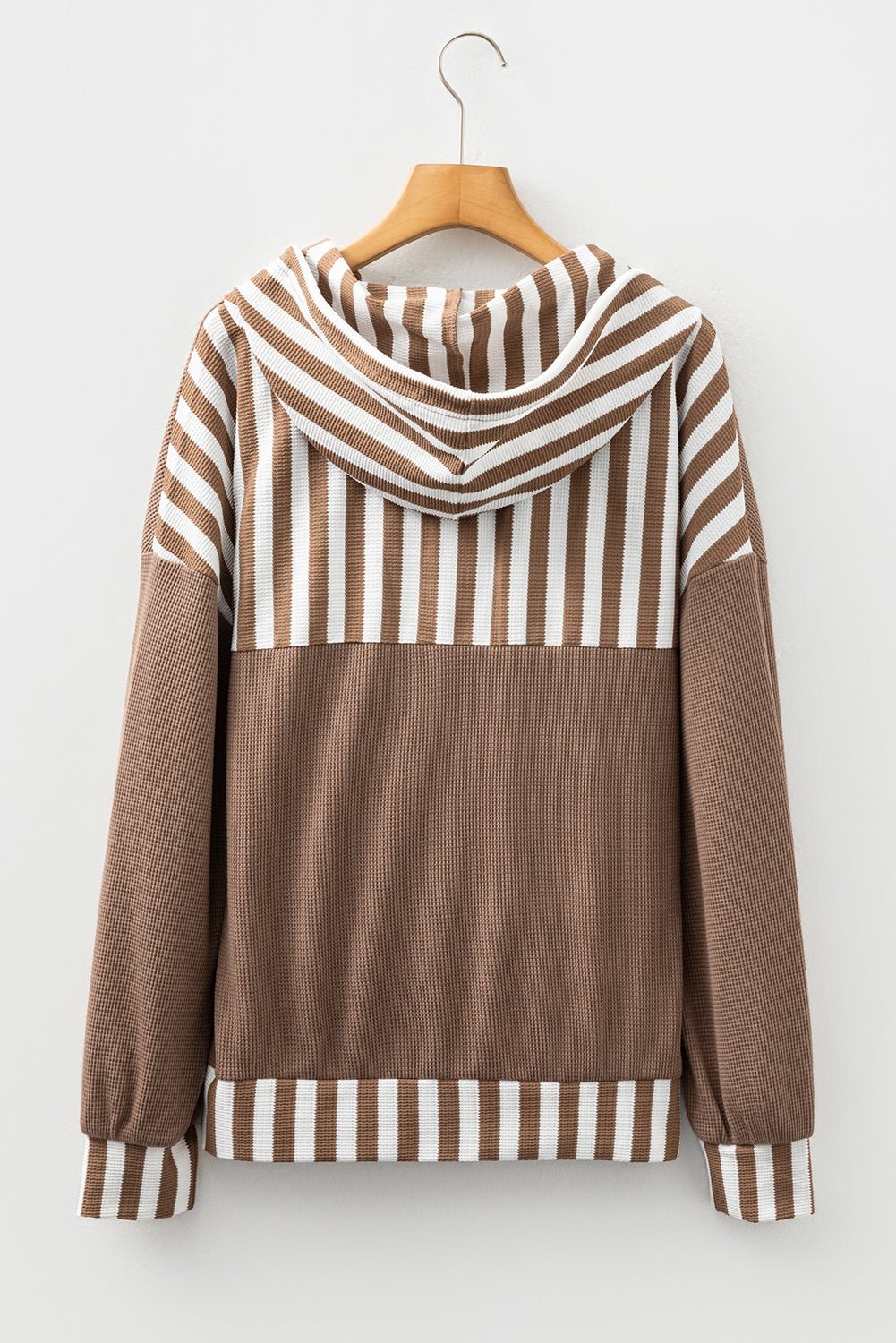 Straw Yellow Waffle Texture Striped Patchwork Button Neck Drawstring Hoodie - Goddess Vibes