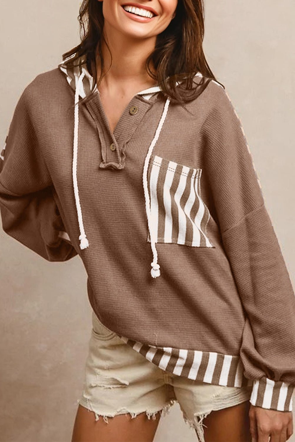 Straw Yellow Waffle Texture Striped Patchwork Button Neck Drawstring Hoodie - Goddess Vibes