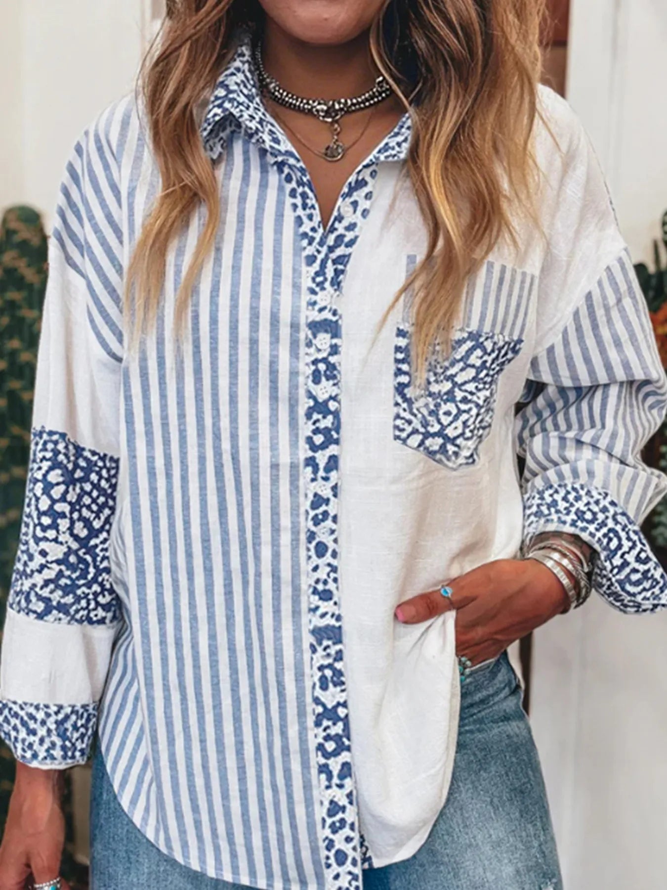 Striped Patchwork Button Down Shirt with Leopard Print Details - Goddess Vibes
