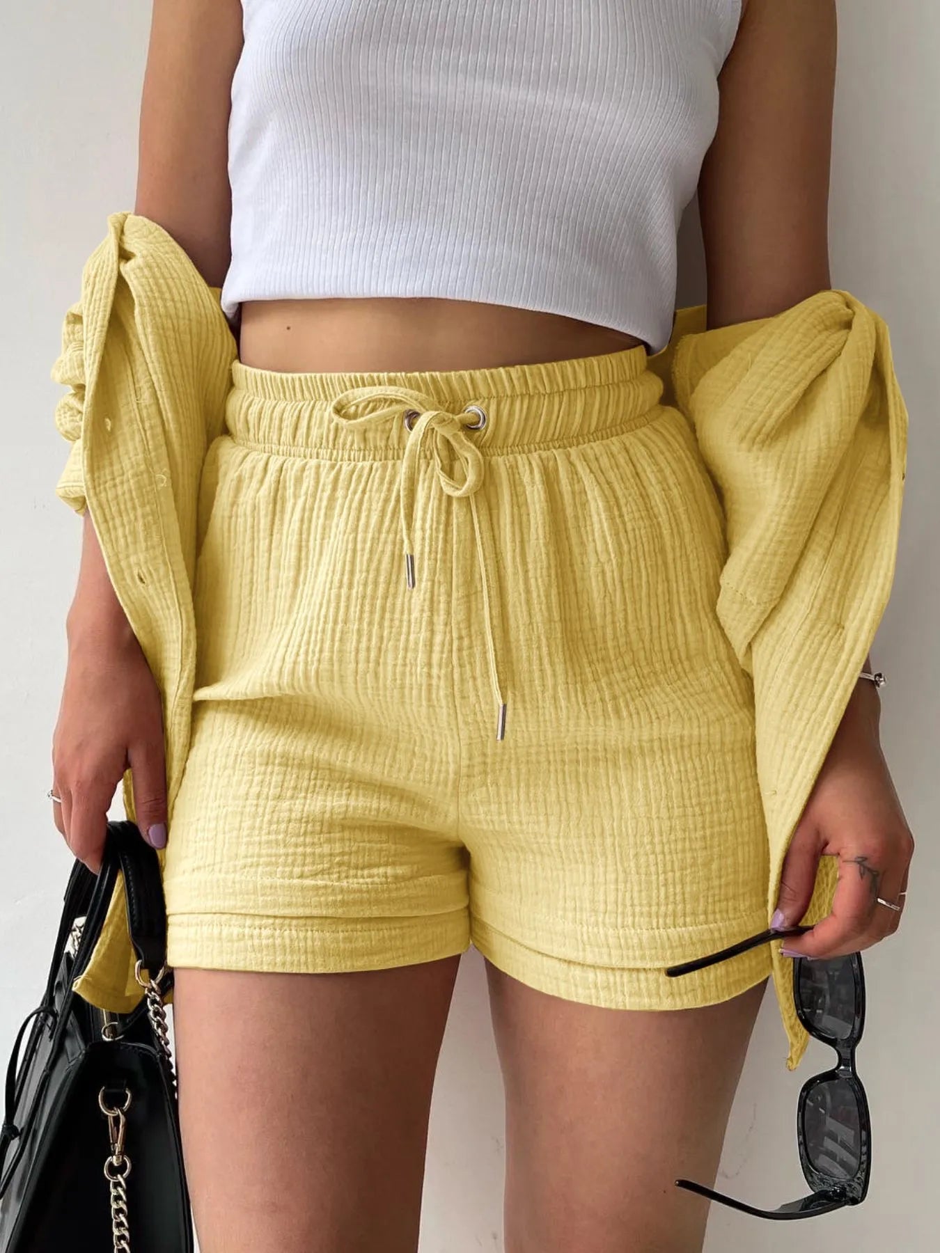 Textured Button Up Shirt and Shorts Set - Goddess Vibes
