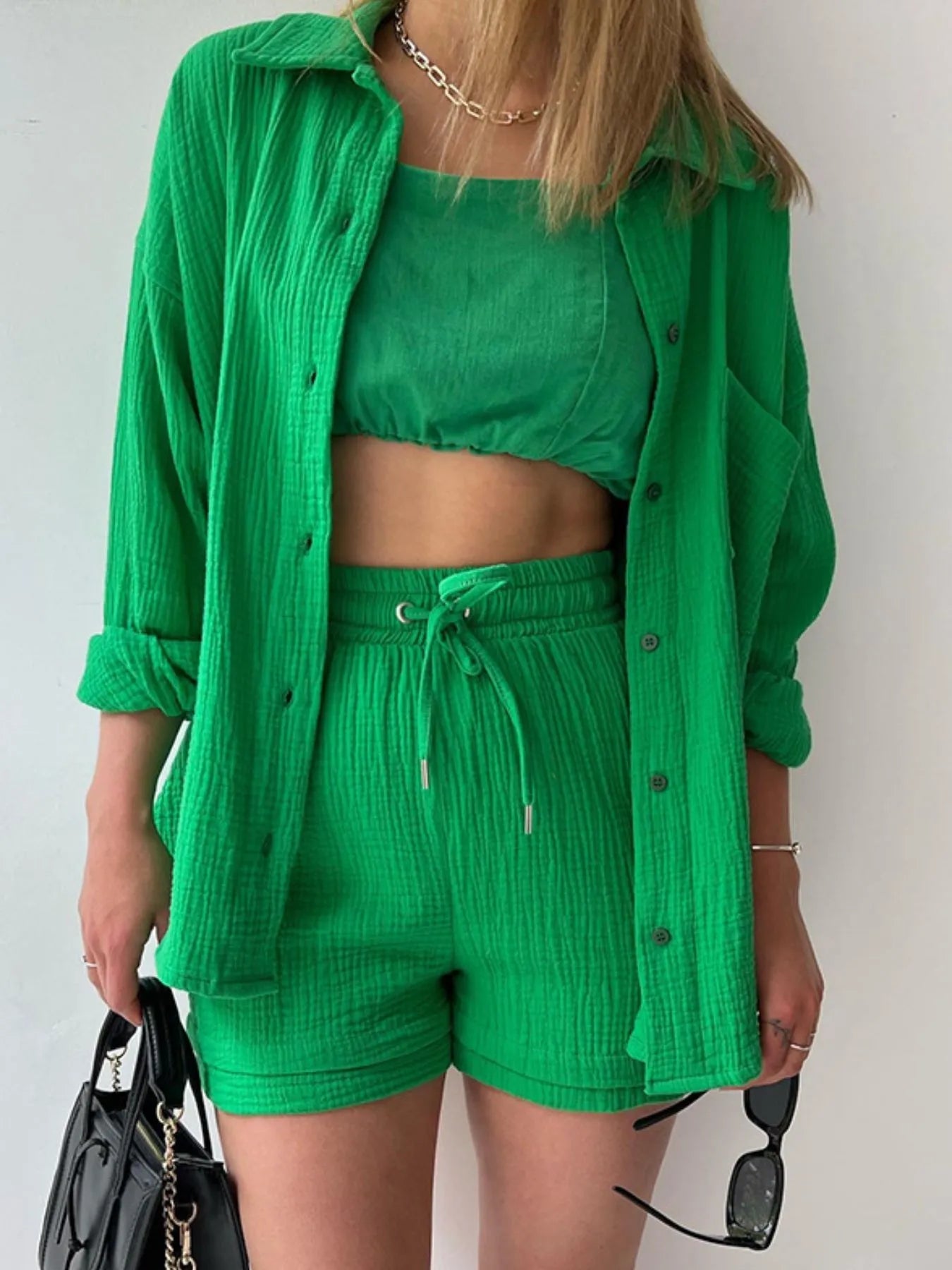 Textured Button Up Shirt and Shorts Set - Goddess Vibes