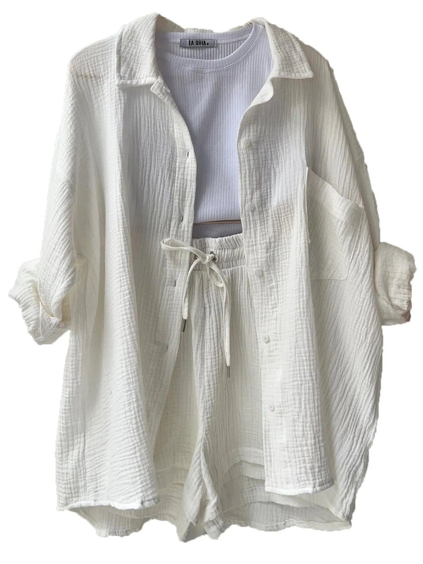 Textured Button Up Shirt and Shorts Set - Goddess Vibes