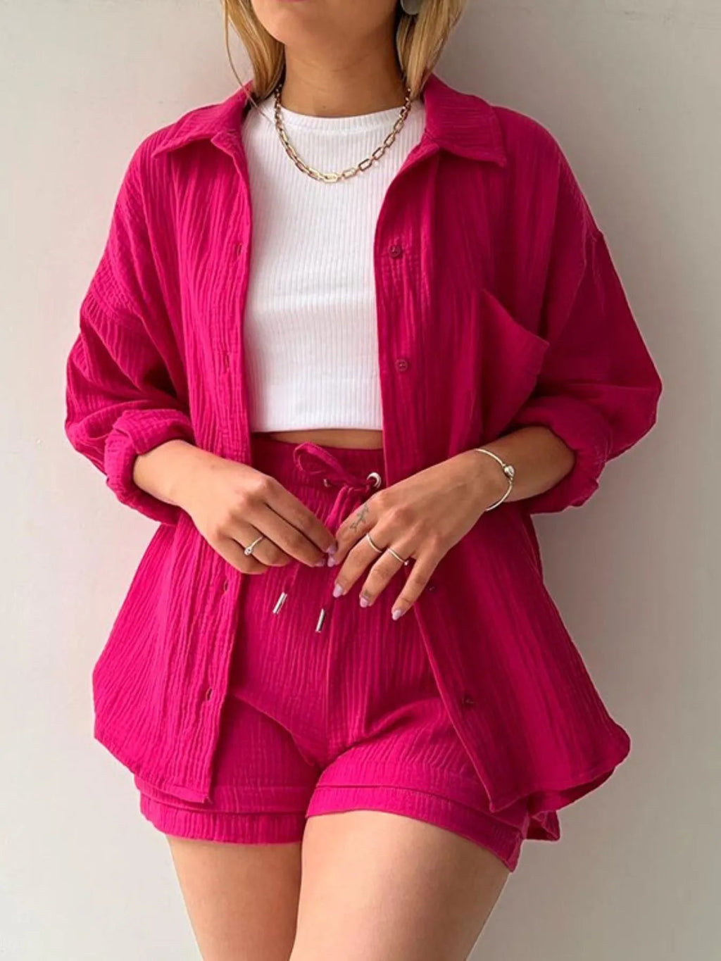 Textured Button Up Shirt and Shorts Set - Goddess Vibes