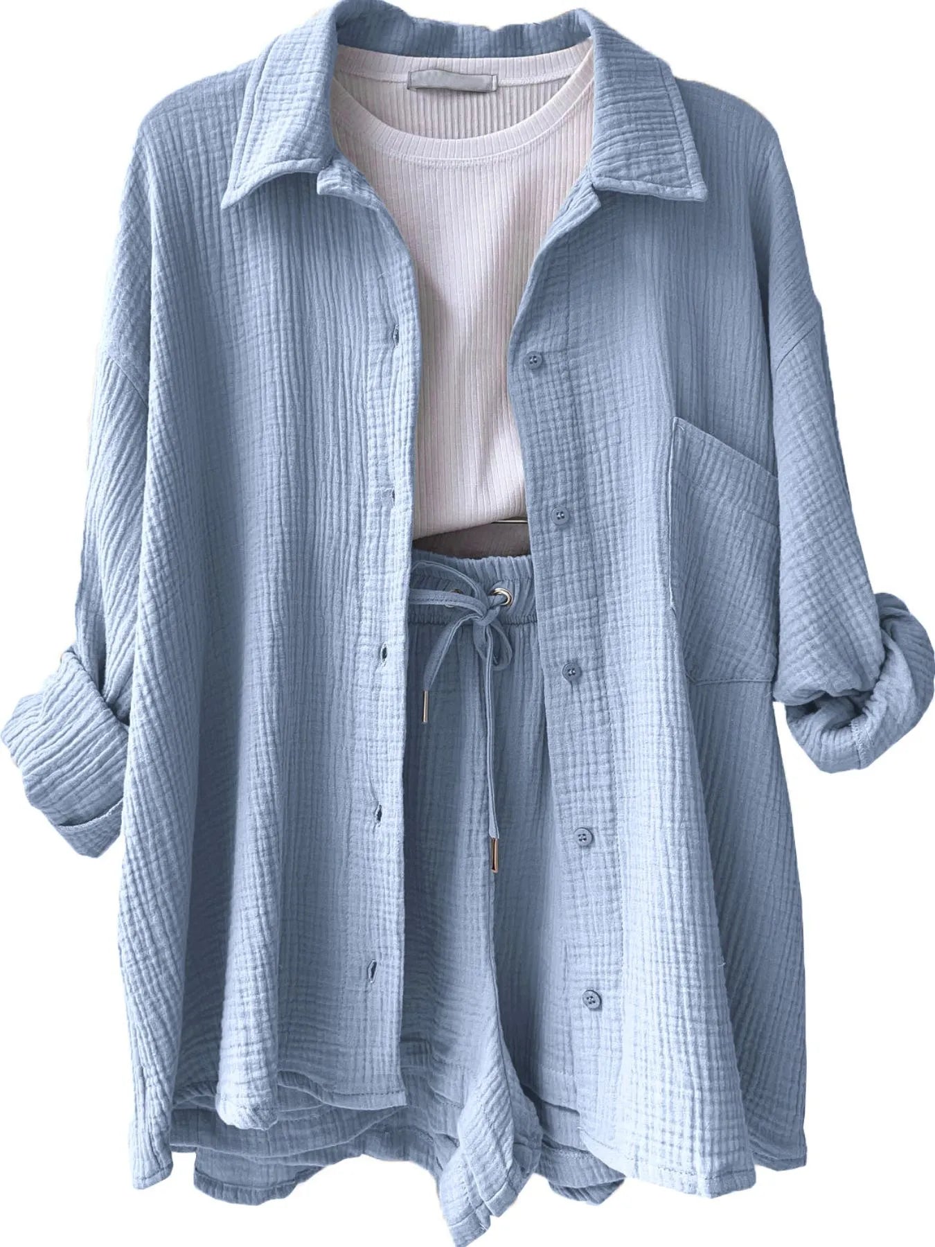 Textured Button Up Shirt and Shorts Set - Goddess Vibes