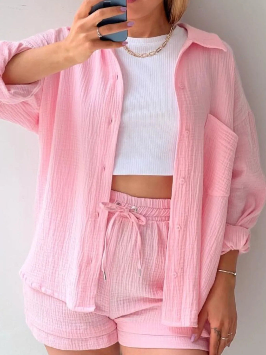Textured Button Up Shirt and Shorts Set - Goddess Vibes