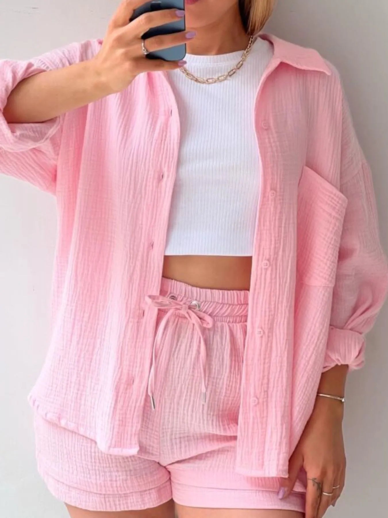 Textured Button Up Shirt and Shorts Set - Goddess Vibes