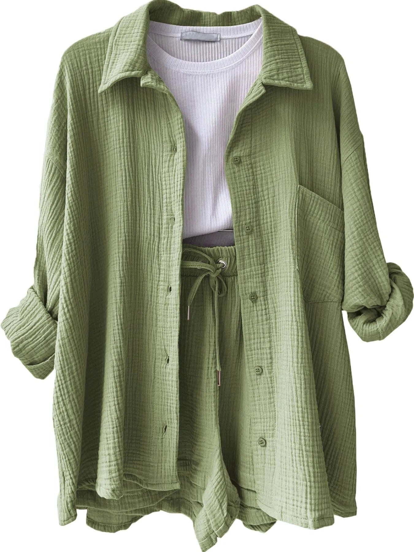Textured Button Up Shirt and Shorts Set - Goddess Vibes