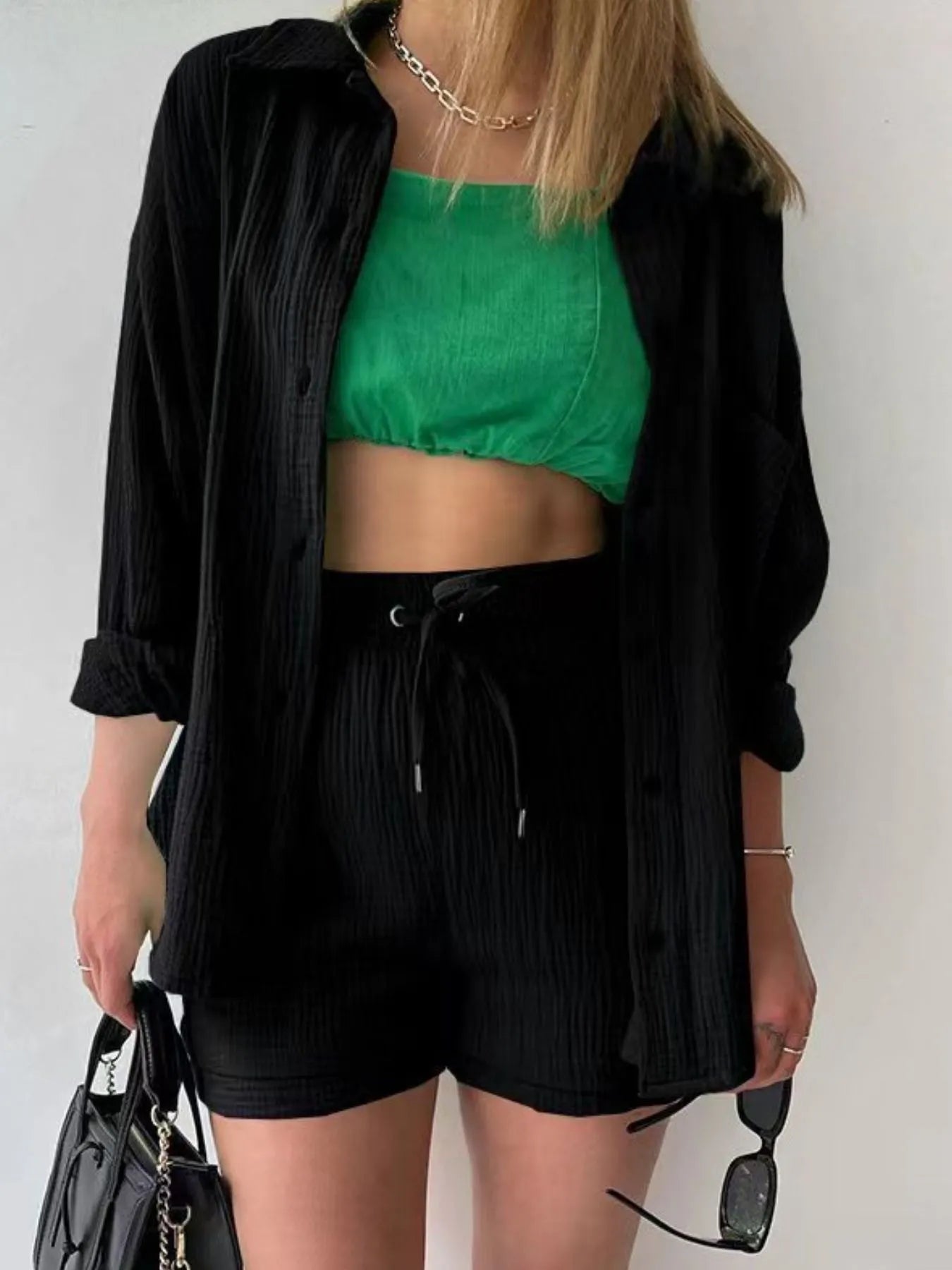 Textured Button Up Shirt and Shorts Set - Goddess Vibes