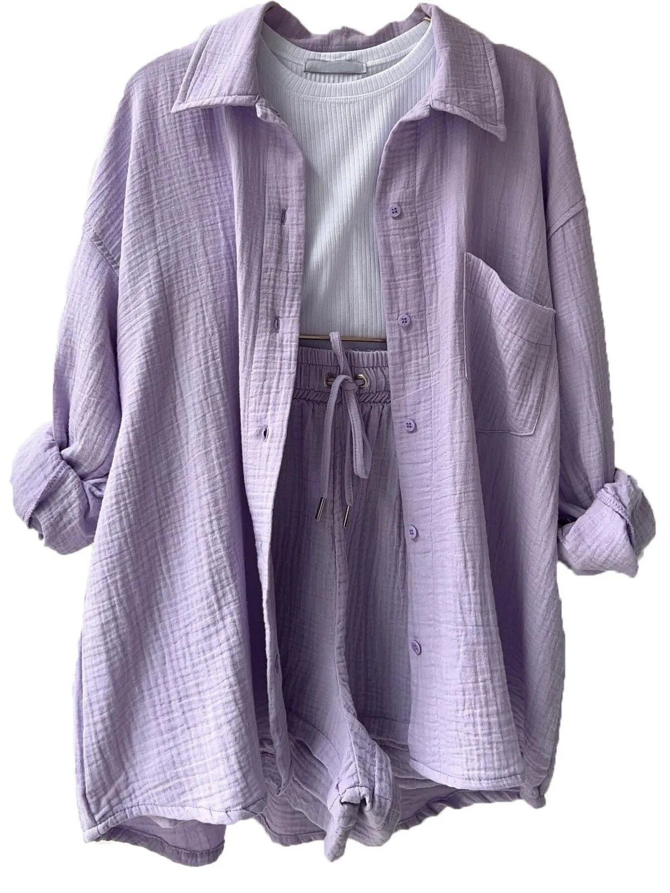 Textured Button Up Shirt and Shorts Set - Goddess Vibes