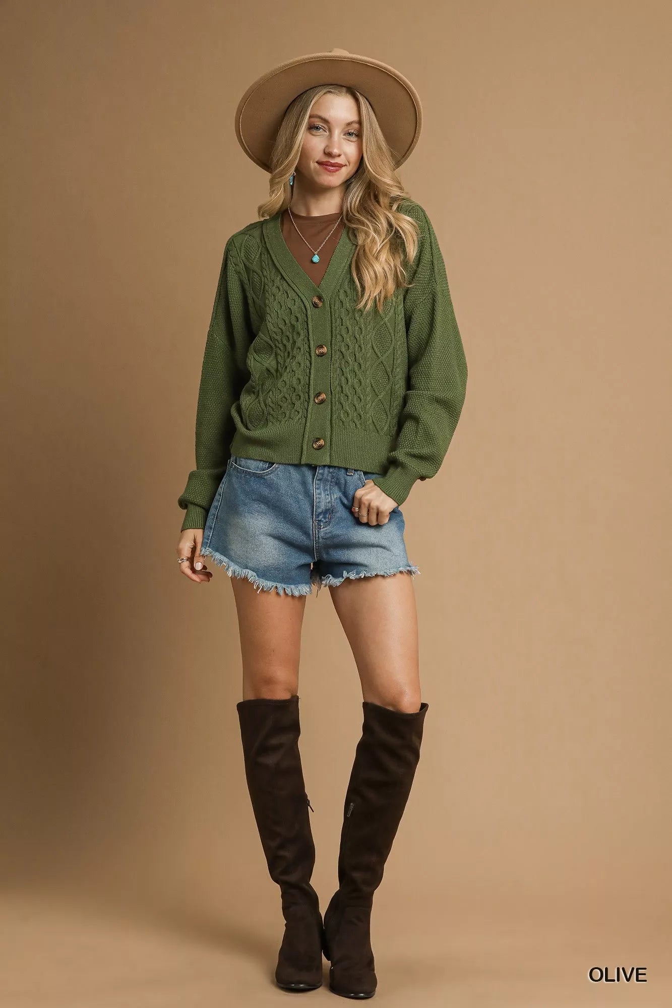 Umgee Chunky Cable Knit V - Neck Button - Up Cardigan - Goddess Vibes