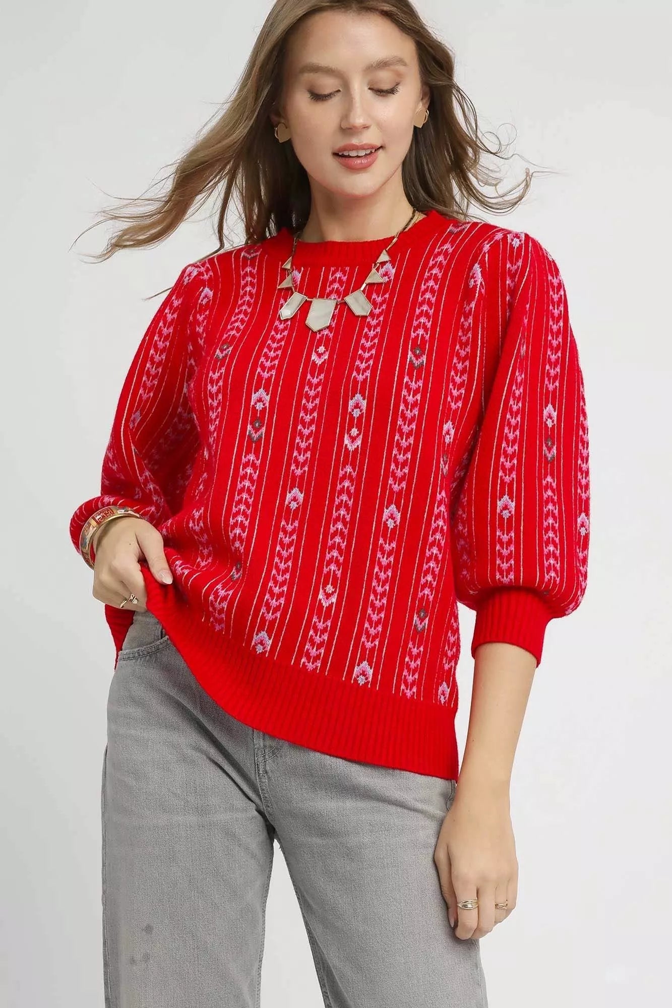 Umgee Jacquard Knit Puff Sleeve Sweater - Goddess Vibes