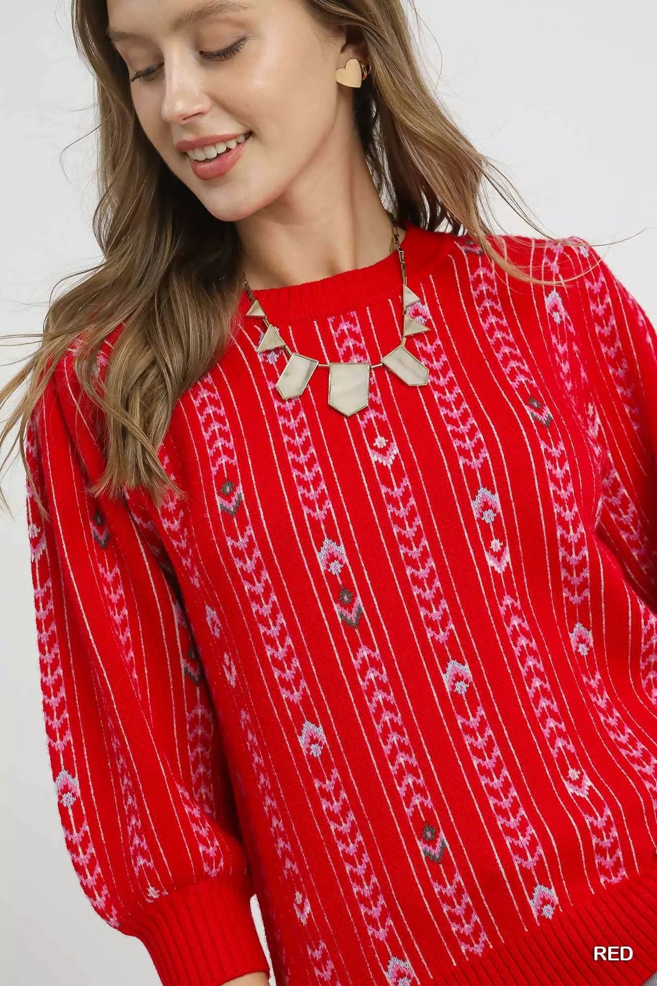 Umgee Jacquard Knit Puff Sleeve Sweater - Goddess Vibes