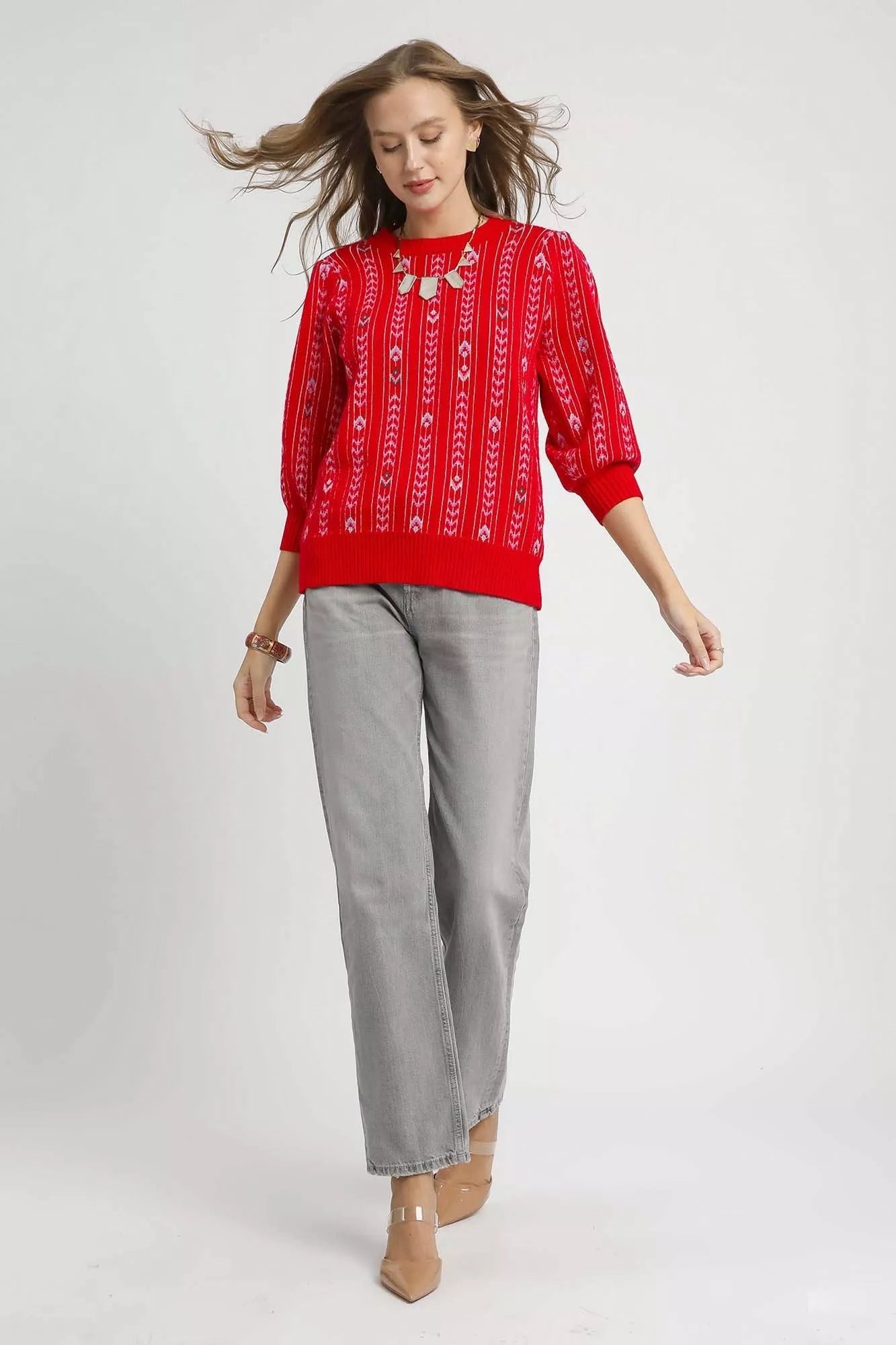 Umgee Jacquard Knit Puff Sleeve Sweater - Goddess Vibes