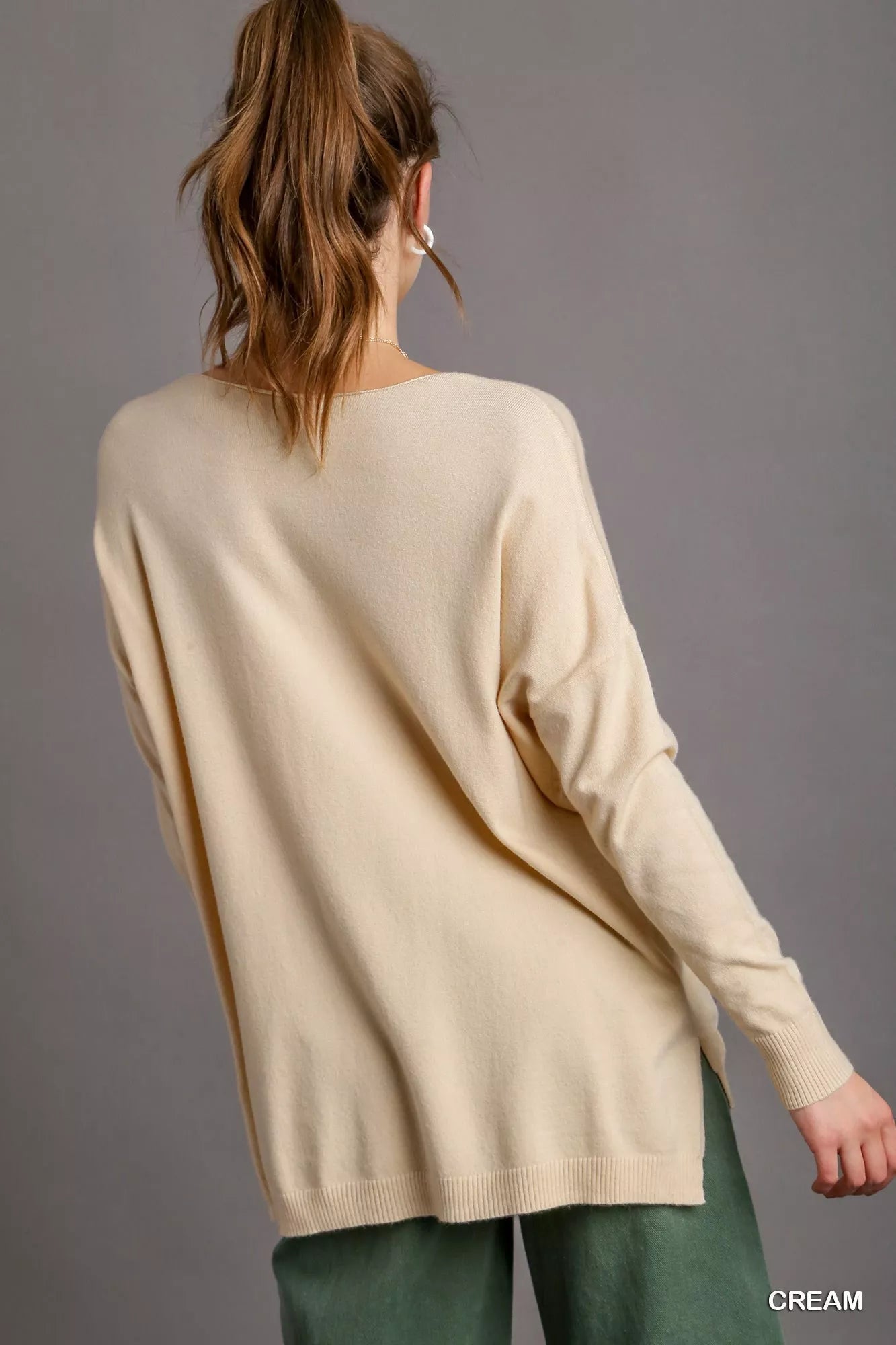 Umgee V - Neck High Low Hem Knit Top with Side Slit - Goddess Vibes