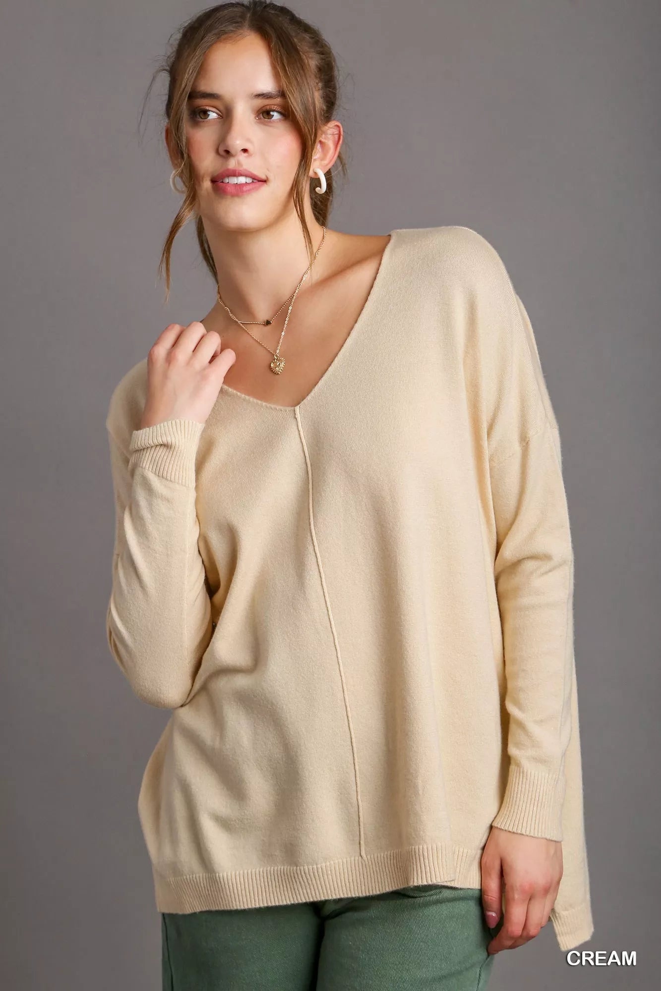 Umgee V - Neck High Low Hem Knit Top with Side Slit - Goddess Vibes