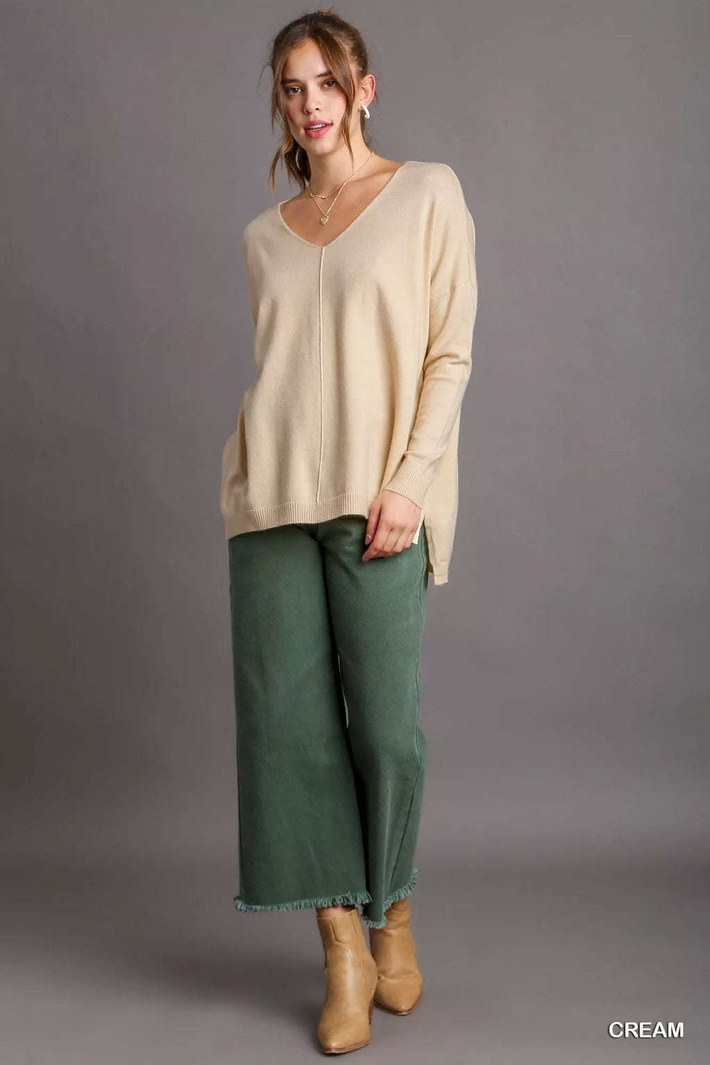 Umgee V - Neck High Low Hem Knit Top with Side Slit - Goddess Vibes