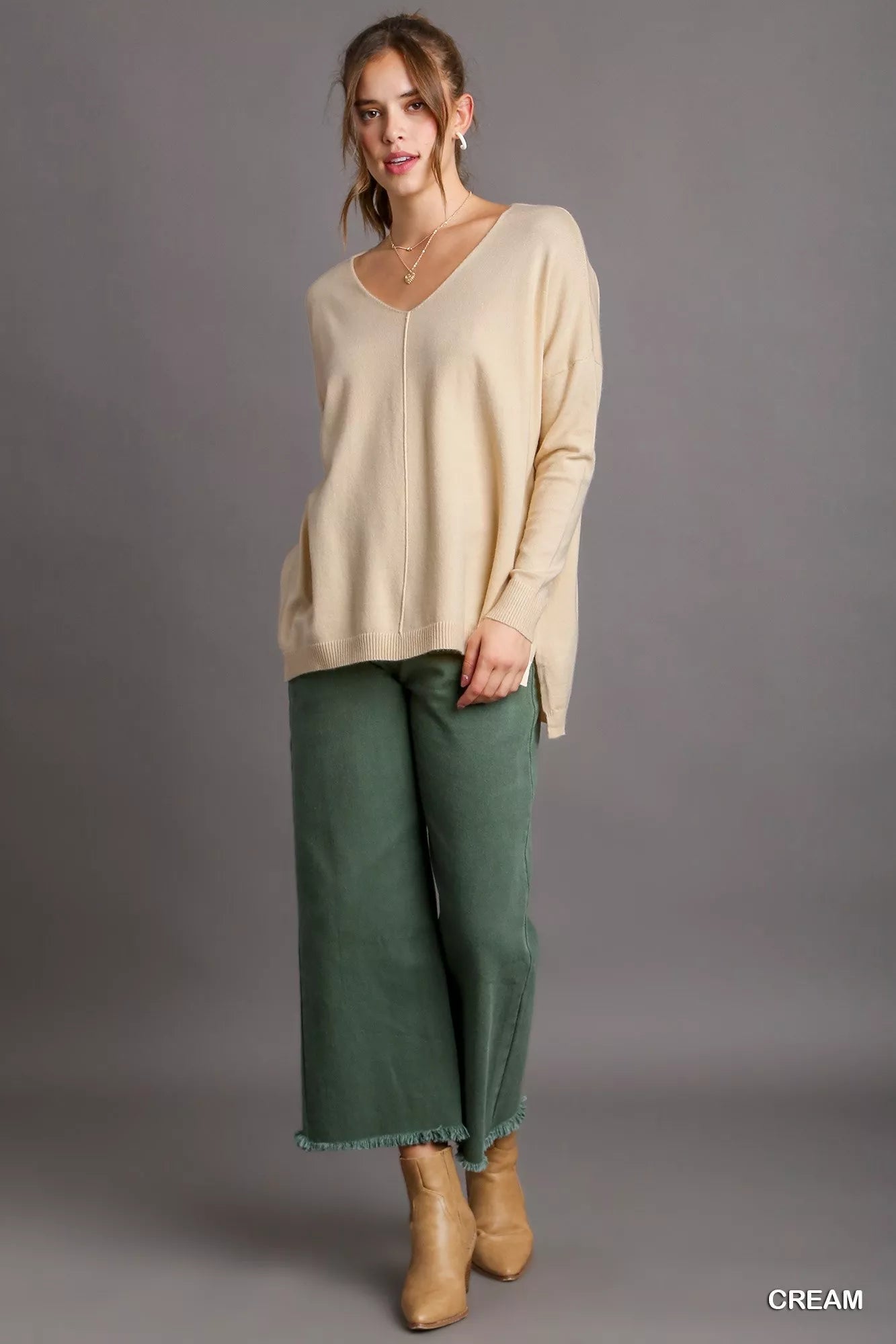 Umgee V - Neck High Low Hem Knit Top with Side Slit - Goddess Vibes