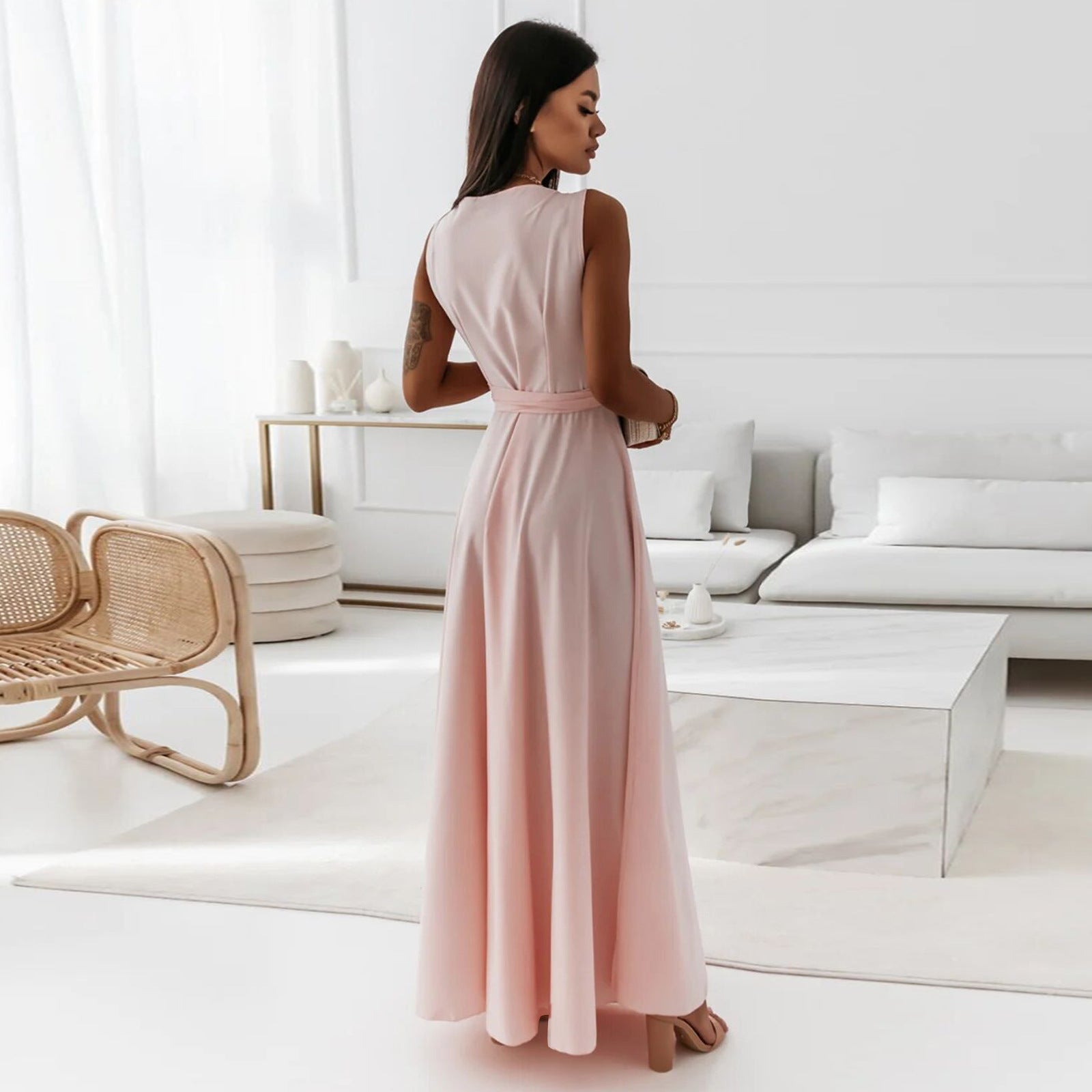 V - neck Sleeveless Dress With Belt Summer Fashion Party Club Evening Maxi Dresses For Women Clothing - Goddess Vibes