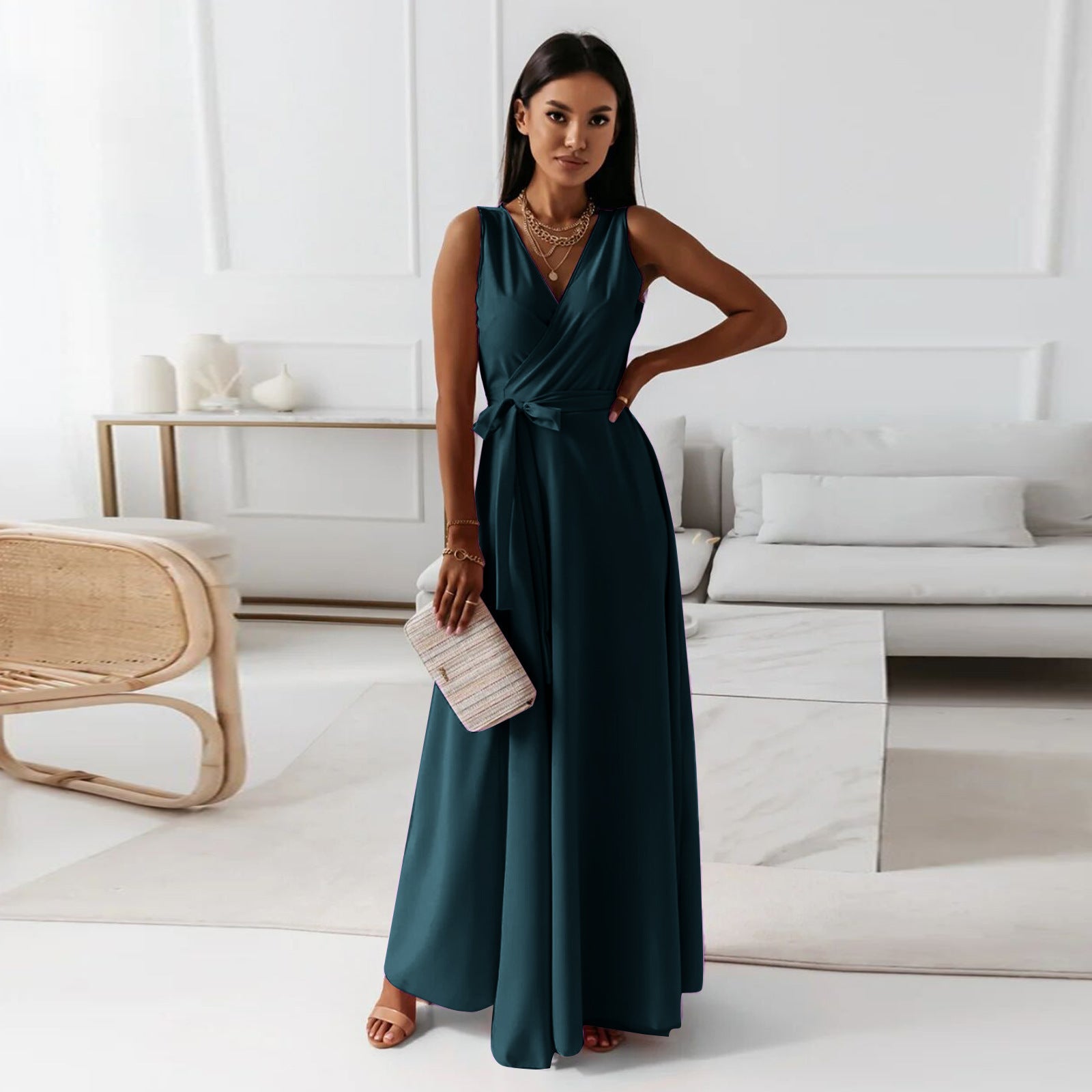 V - neck Sleeveless Dress With Belt Summer Fashion Party Club Evening Maxi Dresses For Women Clothing - Goddess Vibes