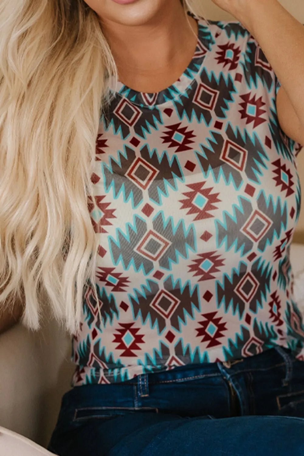 Western Aztec Print Mesh Slim T Shirt - Goddess Vibes