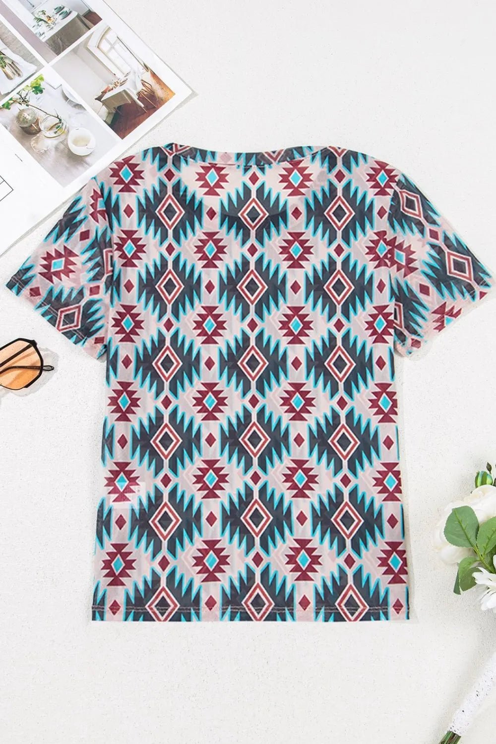 Western Aztec Print Mesh Slim T Shirt - Goddess Vibes